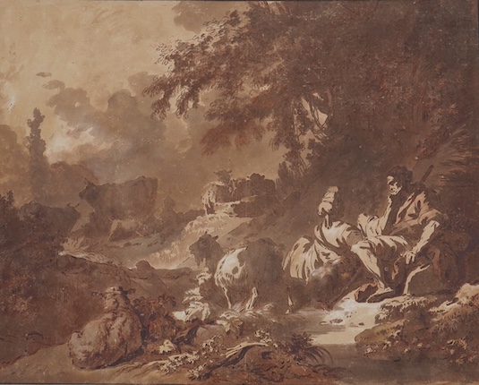 Old Master style, sepia, ink and wash, Shepherd and sheep, indistinctly signed and dated 1768, mounted, 33 x 41cm, unframed. Condition - fair to good